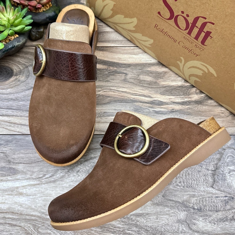 NIB Sofft Bayla 9M Suede Leather Slip On Comfort Clogs Mules Brown